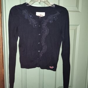 Hollister Women's Navy Cardigan Sweater With Lace Detailing